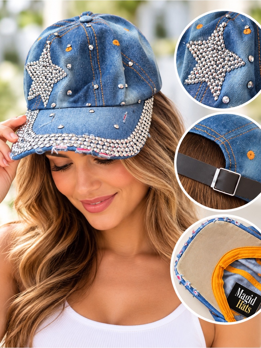 Magid Hats Rhinestone Star Denim Baseball Cap –Blue